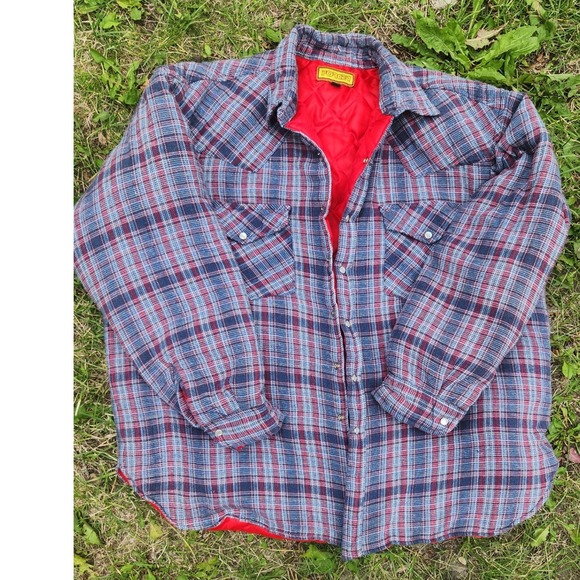 Vintage y2k Quilted Blue/Red Flannel Chore Jacket Western Plaid Snap Button - Picture 15 of 16